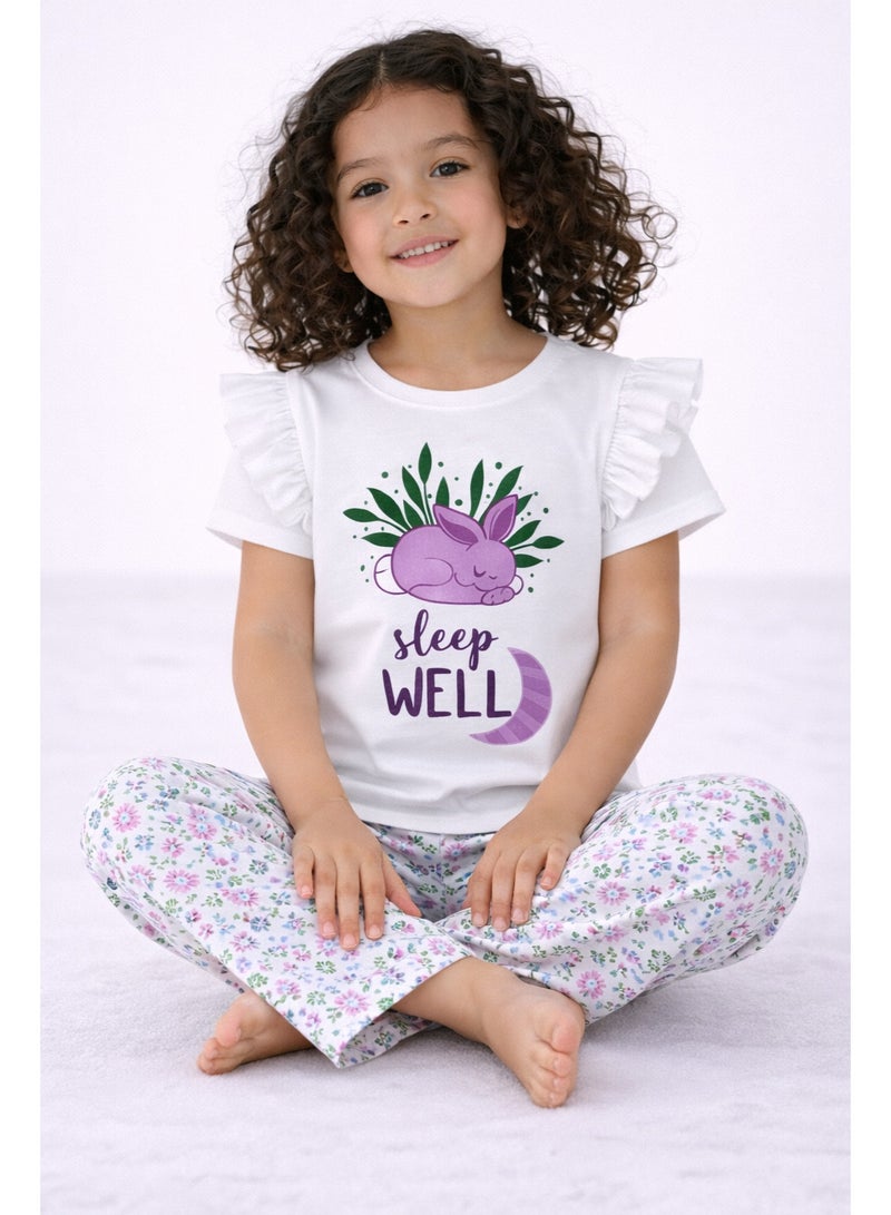 victor and jane Girls’ Pajama Set – “Sleep Well” Frill Sleeve Top & Floral Print Pants - Image 5